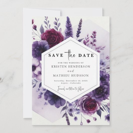 Digital Minimal Paarse Floral Wedding Save The Date (Voorkant)
