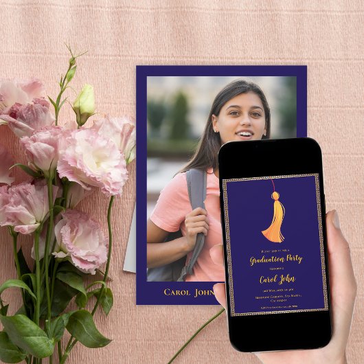 Digital Navy Blue Gold Tassel Graduation Party Kaart