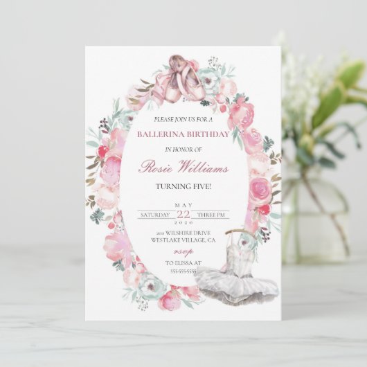 Digital Pink Ballerina Girl Birthday Uitnodiging (Staand voorkant)