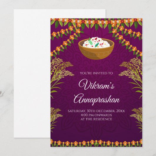 Digital Rice voeding uitnodigen Annaprasan uitnodi Kaart (Voorkant / Achterkant)