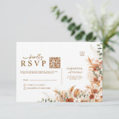 Digital Rustic Terracotta Floral QR Code Wedding  RSVP Kaartje (Staand voorkant)