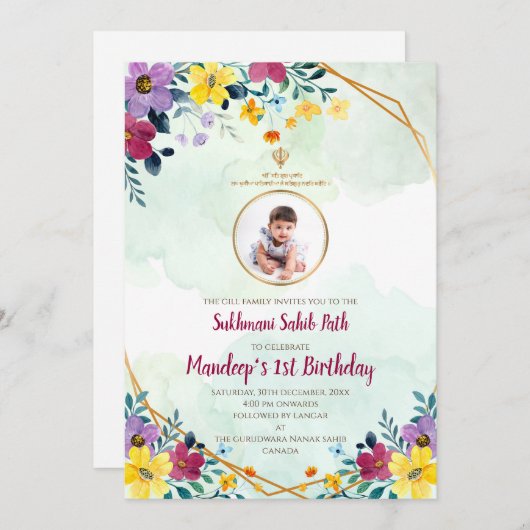 Digitale 1e verjaardag Sukhmani Sahib pad uitnodig Kaart (Voorkant / Achterkant)