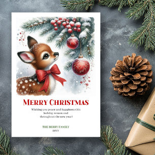 Digitale babyhert besneeuwde bos waterverf Kerstmi Feestdagenkaart