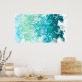 Digitale blauwe en groene golven met vloeiende kun poster (Keuken)