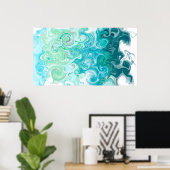 Digitale blauwe en groene golven met vloeiende kun poster (Thuiskantoor)