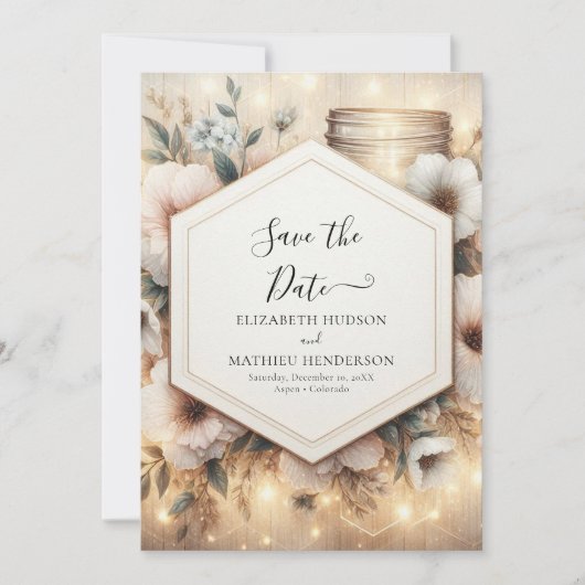 Digitale Bloemen Mason Jar bruiloft Save The Date (Voorkant)