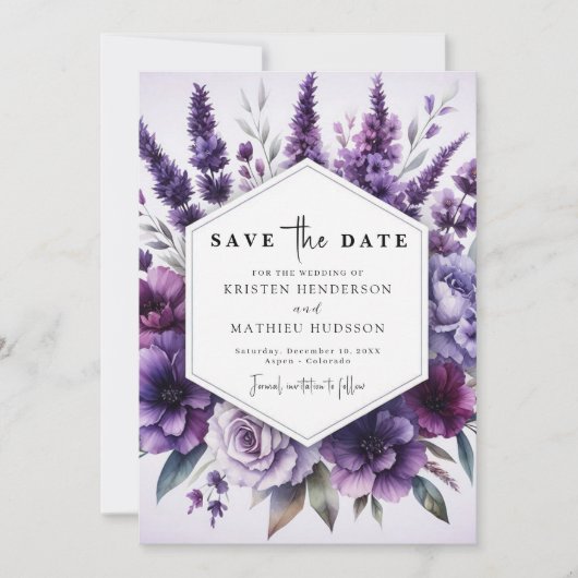 Digitale bloemen Paarse bloemen bruiloft Save The Date (Voorkant)