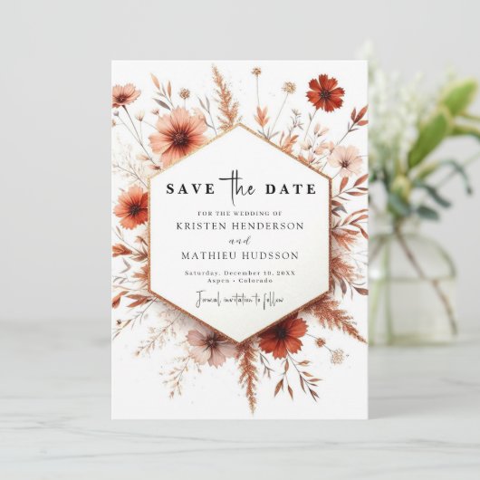 Digitale Chic Terracotta bruiloft Save The Date (Staand voorkant)