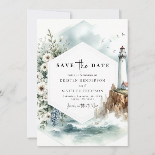 Digitale Chic Waves Vuurtoren bruiloft Save The Date (Voorkant)