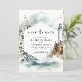 Digitale Chic Waves Vuurtoren bruiloft Save The Date (Staand voorkant)