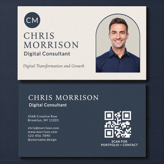 Digitale consultant foto QR-code marineblauw Visitekaartje