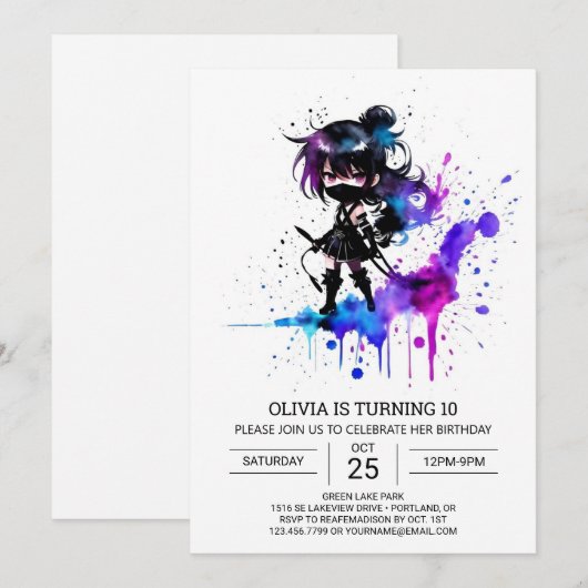 Digitale Elegante Ninja Meisje Verjaardag Kaart (Voorkant / Achterkant)