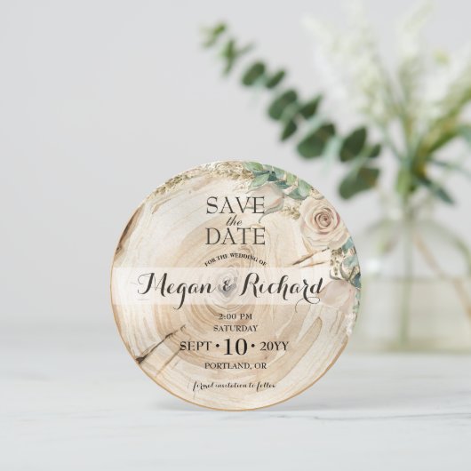 Digitale elegante rustieke houten groen uitnodigin save the date (Staand voorkant)