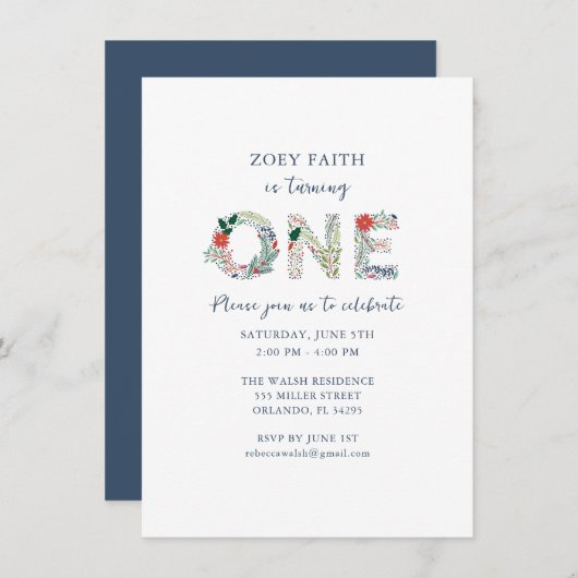 Digitale Floral 1st Girls Birthday Party Kaart (Voorkant / Achterkant)