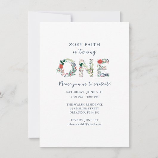 Digitale Floral 1st Girls Birthday Party Kaart (Voorkant)