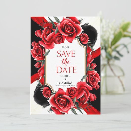 Digitale formele Crimson rode rozen bruiloft Save The Date (Staand voorkant)