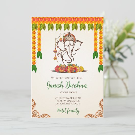 Digitale Ganpati uitnodigingen Ganesh Darshan kaar (Staand voorkant)