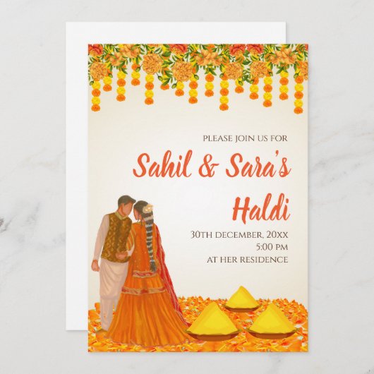 Digitale Haldi uitnodigingen & Bruiloft Haldi uitn (Voorkant / Achterkant)