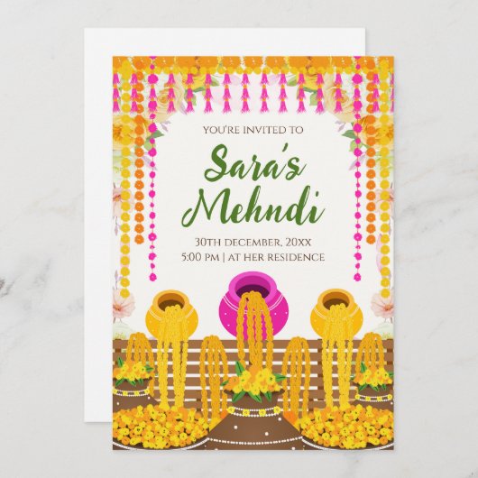 Digitale Henna Party uitnodigingen & Haldi uitnodi (Voorkant / Achterkant)