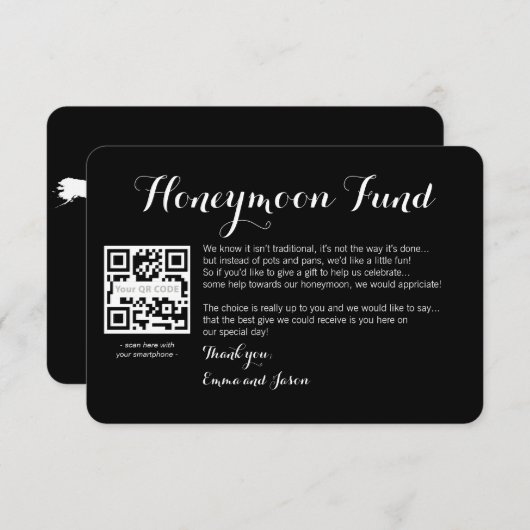 Digitale huwelijksreis fonds trouw zwart  informatiekaartje (Voorkant / Achterkant)