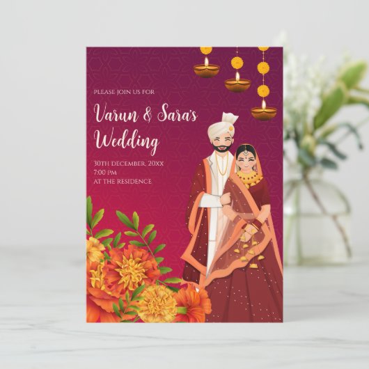 Digitale Indiase uitnodiging Hindoe trouwkaart (Staand voorkant)