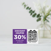 Digitale Korting Coupon met QR-code Paars Visitekaartje (Staand voorkant)