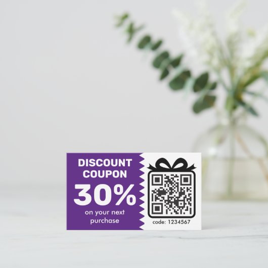 Digitale Korting Coupon met QR-code Paars Visitekaartje (Staand voorkant)