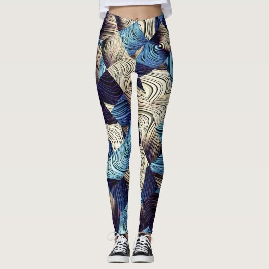 Digitale Kunst Blauw Abstract Vierkanten Leggings (Voorkant)