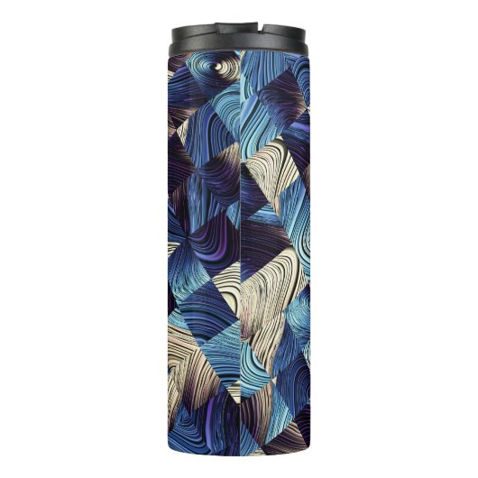 Digitale Kunst Blauw Abstract Vierkanten Thermosbeker (Achterkant)