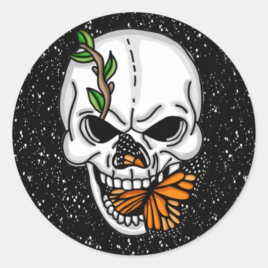 Digitale kunst met schedel en vlinder ronde sticker (Voorkant)
