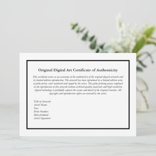 Digitale kunst Print Certificaat van echtheid Bedankkaart (Staand voorkant)