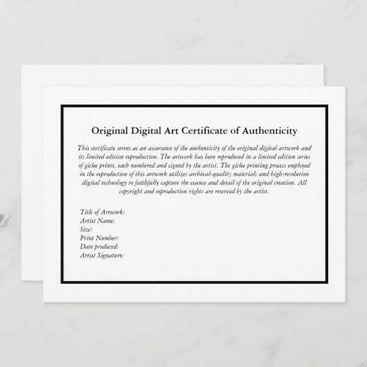 Digitale kunst Print Certificaat van echtheid Bedankkaart (Voorkant / Achterkant)