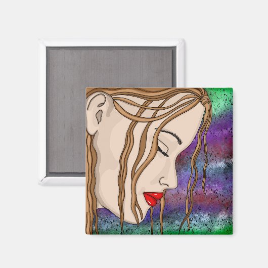 Digitale kunst | Sad Lady Deep in gedachte Magneet (Voorkant / Achterkant)
