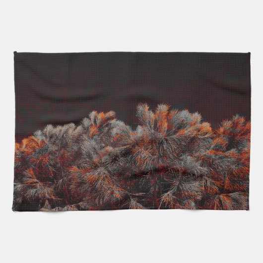 Digitale kunst van dennenbomen met oranje kleurvle theedoek (Horizontaal)