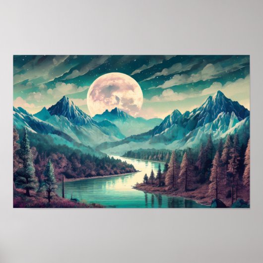 Digitale kunstillustratie van een rivier en maan poster (Voorkant)