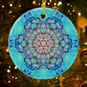 Digitale Mandala Blauw Geel en Paarse Keramisch Ornament