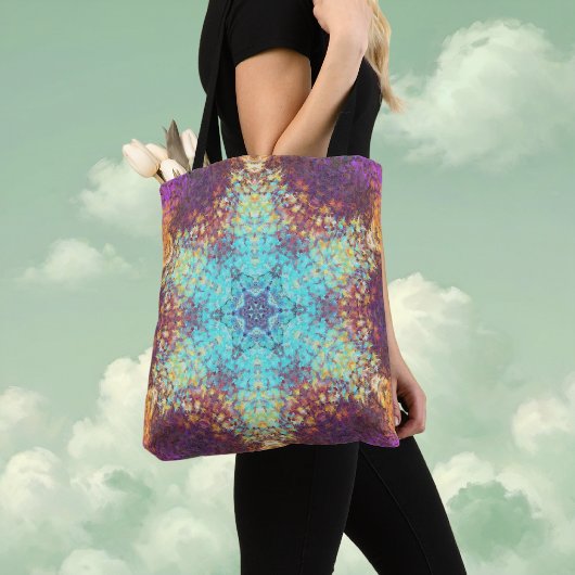 Digitale Mandala Blauw Geel en Paarse Tote Bag