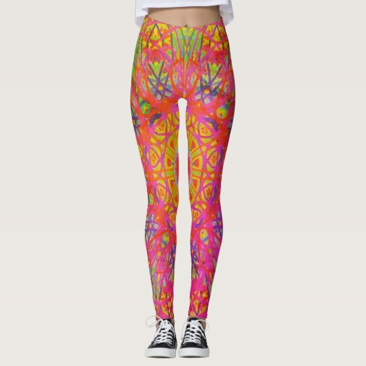 Digitale Mandala Geel Blauw en Paarse Leggings (Voorkant)