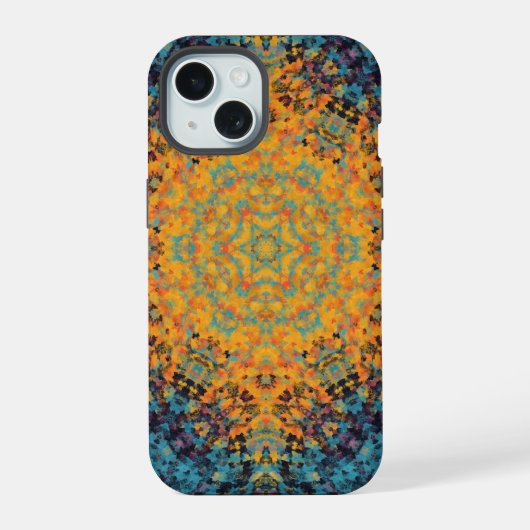 Digitale Mandala Geel Blauw en Rood iPhone 15 Case (Achterkant)