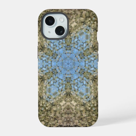 Digitale Mandala Geel en Blauw iPhone 15 Case (Achterkant)