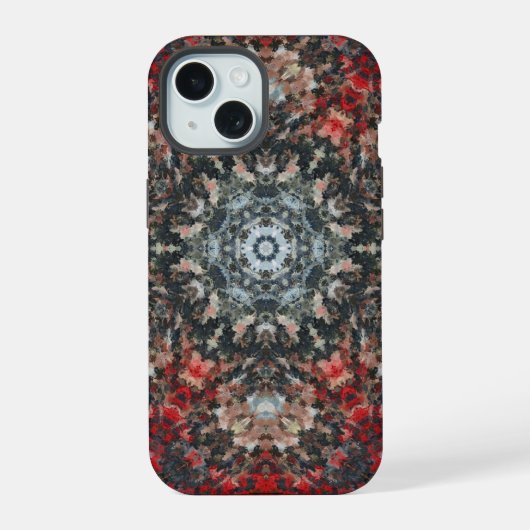 Digitale Mandala Rood en Wit iPhone 15 Case (Achterkant)
