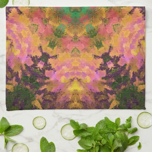 Digitale Mandala Roze Geel en Groen Theedoek (Gevouwen)