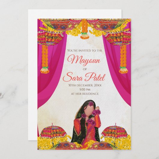 Digitale Mayoun uitnodiging & bruiloft Haldi uitno (Voorkant / Achterkant)