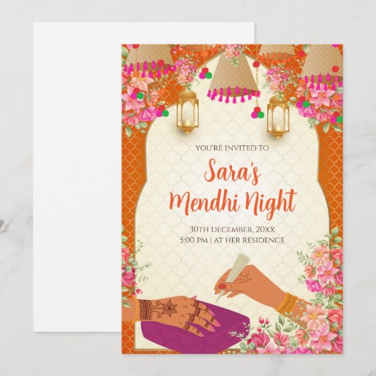 Digitale Mehndi-uitnodiging & Mehendi-uitnodiginge Kaart (Voorkant / Achterkant)