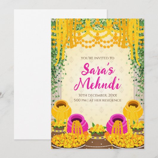 Digitale Mehndi uitnodigingen als Dholki uitnodigi (Voorkant / Achterkant)