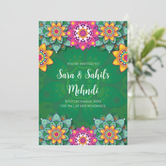 Digitale Mehndi uitnodigingen & bruiloft Mendhi ui (Staand voorkant)