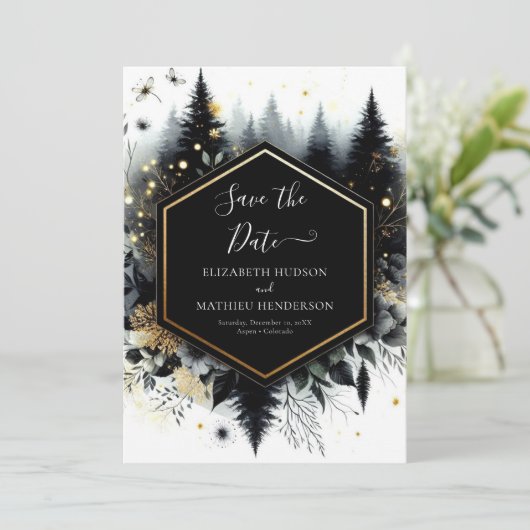 Digitale minimalistische betoverde bos bruiloft save the date (Staand voorkant)