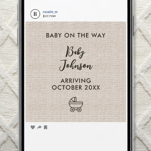Digitale Minimalistische Linen Luxe Baby Nieuws Aankondiging
