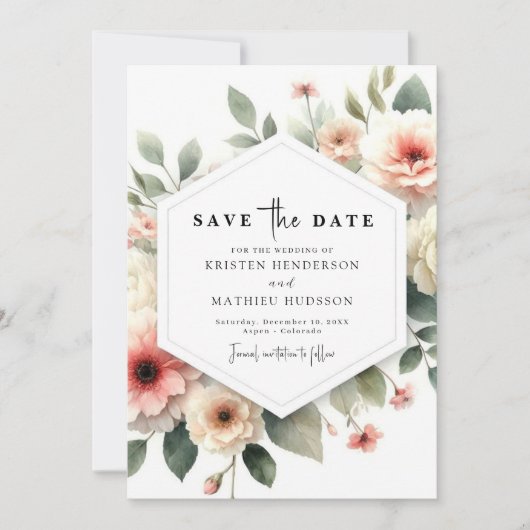 Digitale moderne roze bloemen bruiloft save the date (Voorkant)