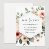 Digitale moderne roze bloemen bruiloft save the date (Voorkant / Achterkant)